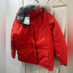 LL Bean Red Winter Parka w/ Faux Fur Trim size Petite L NWT